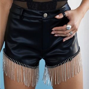Fringe Rhinestone Black Leather Shorts